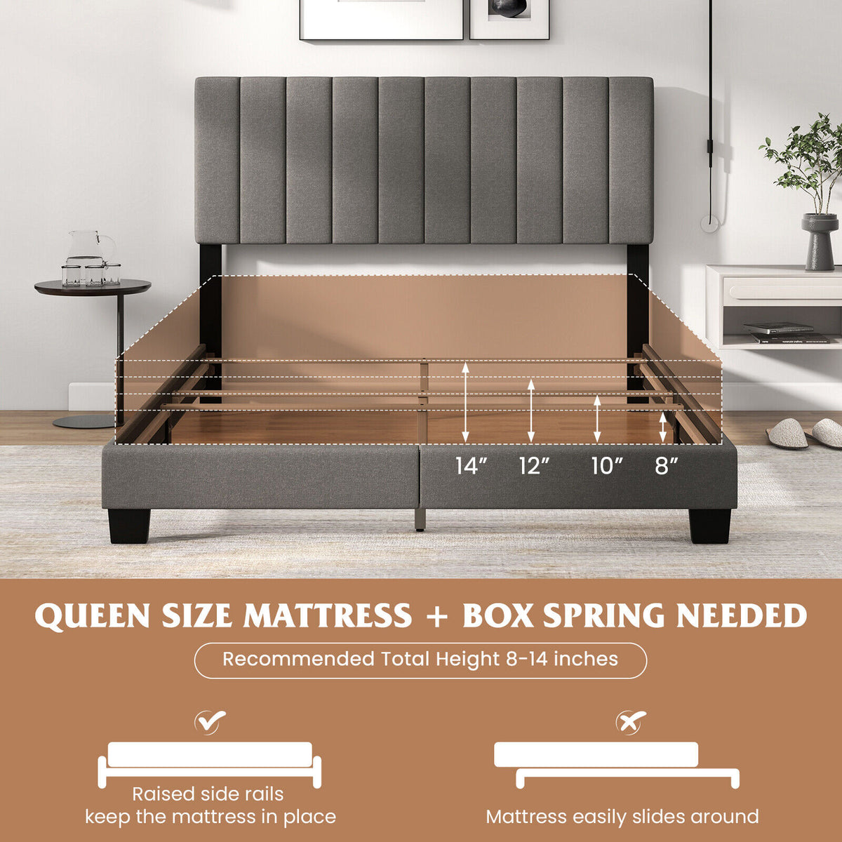 Queen Size Upholstered Bed Frame with Tufted Headboard – Gray
