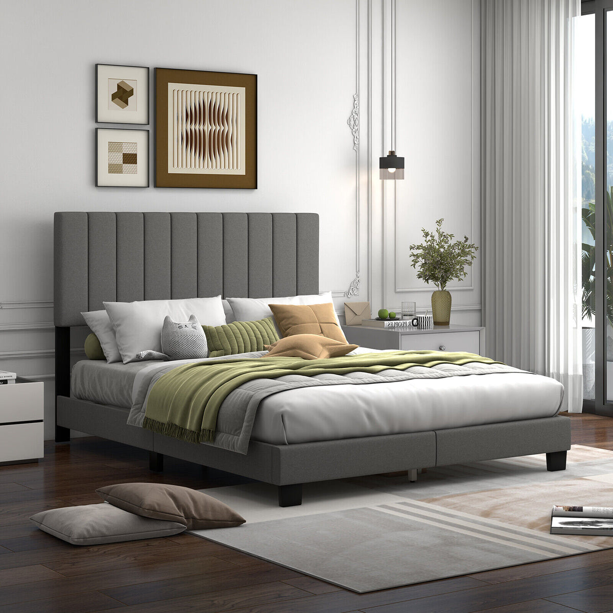 Queen Size Upholstered Bed Frame with Tufted Headboard – Gray