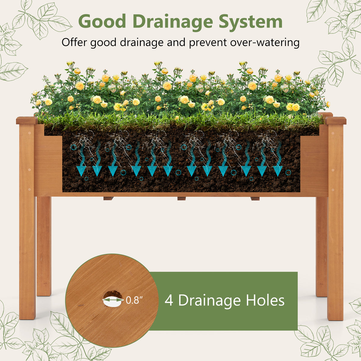 Raised Garden Bed with Legs and Drainage Holes - Brown