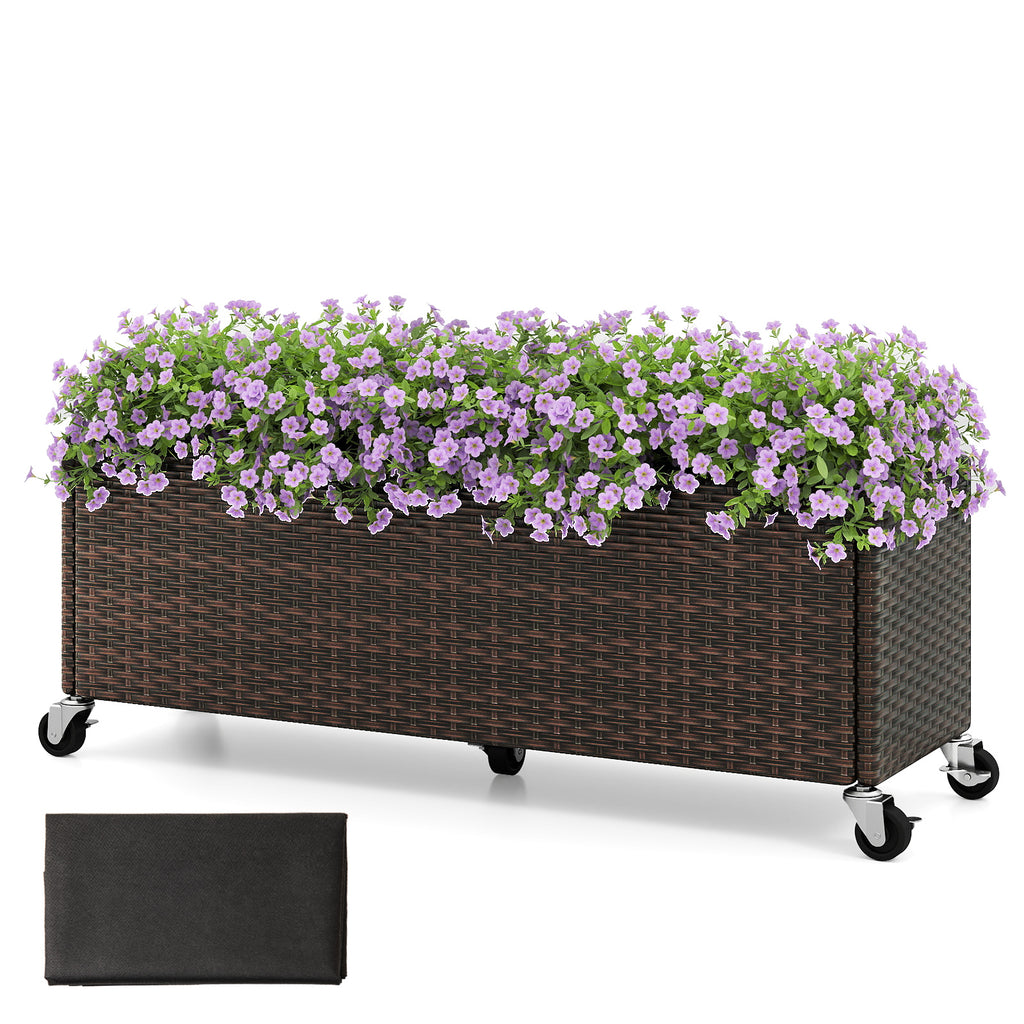 Raised Garden Bed with Wheels & Liner - PE Rattan Planter