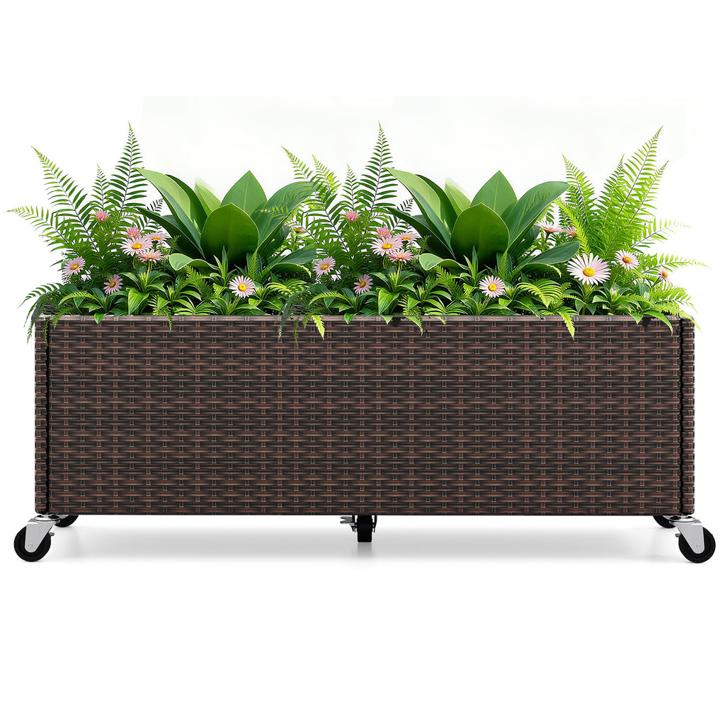 Raised Garden Bed with Wheels & Liner - PE Rattan Planter