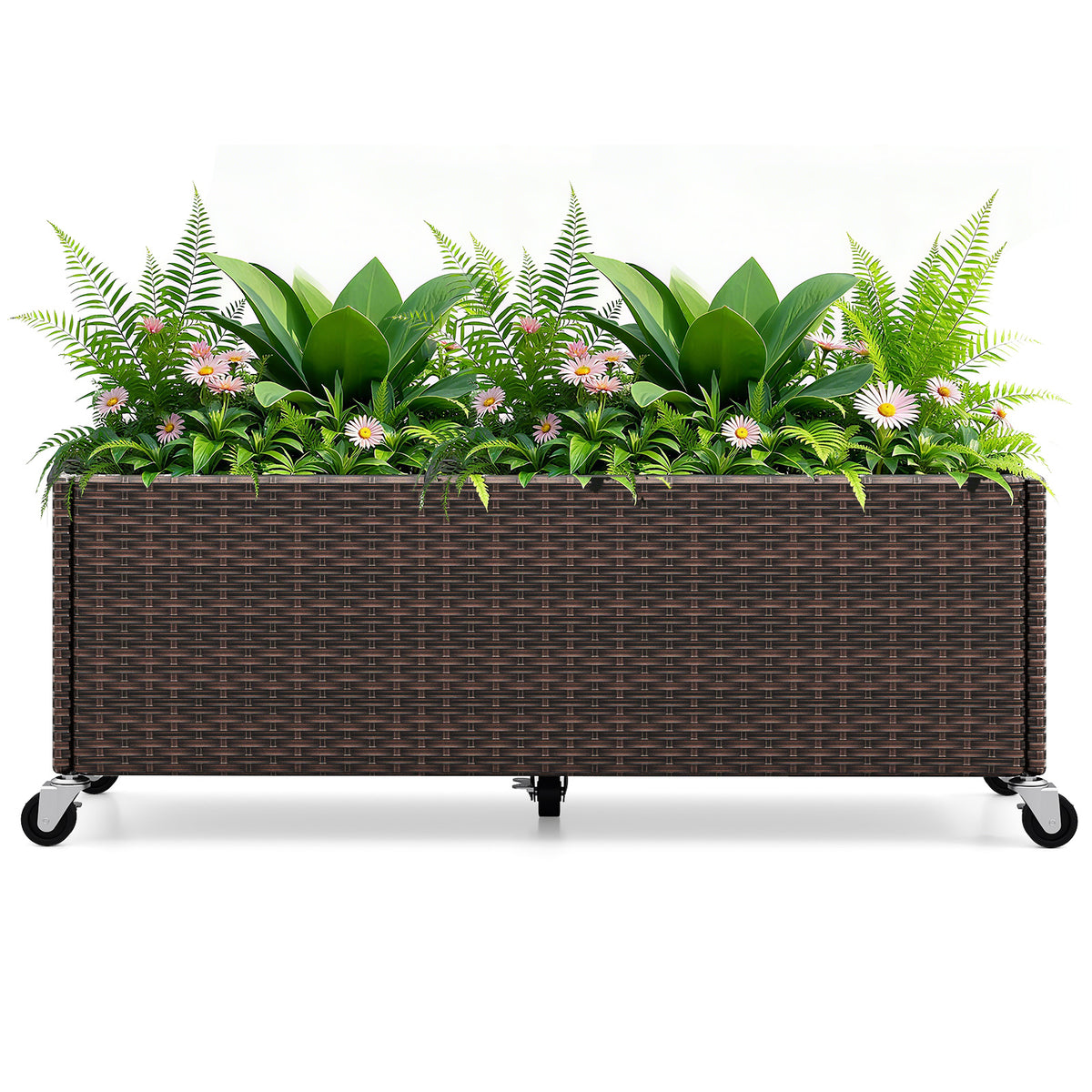 Raised Garden Bed with Wheels & Liner - PE Rattan Planter