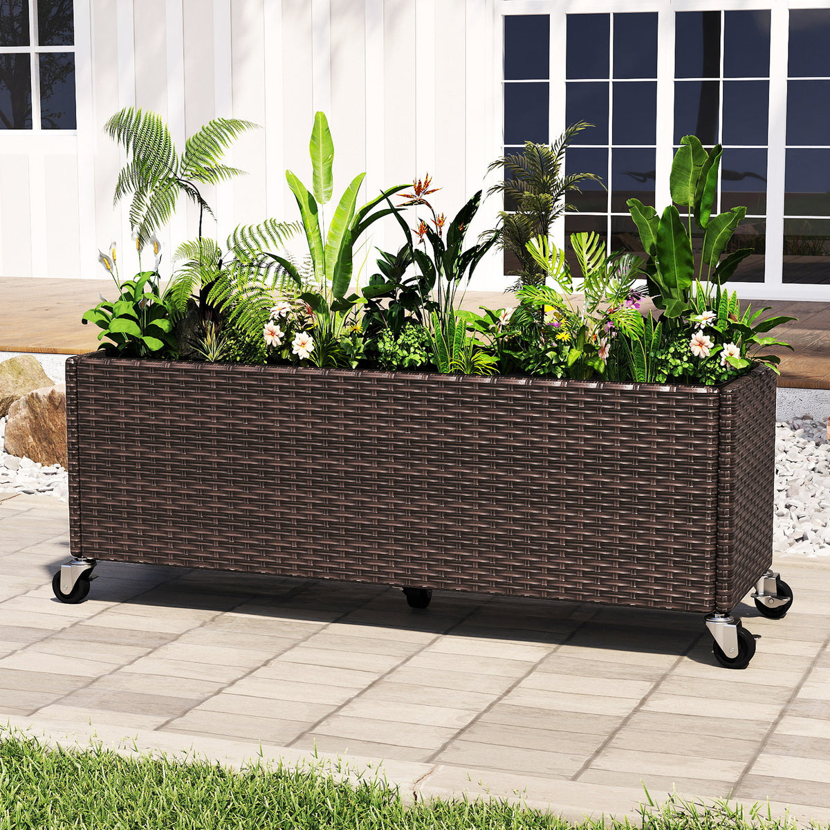 Raised Garden Bed with Wheels & Liner - PE Rattan Planter
