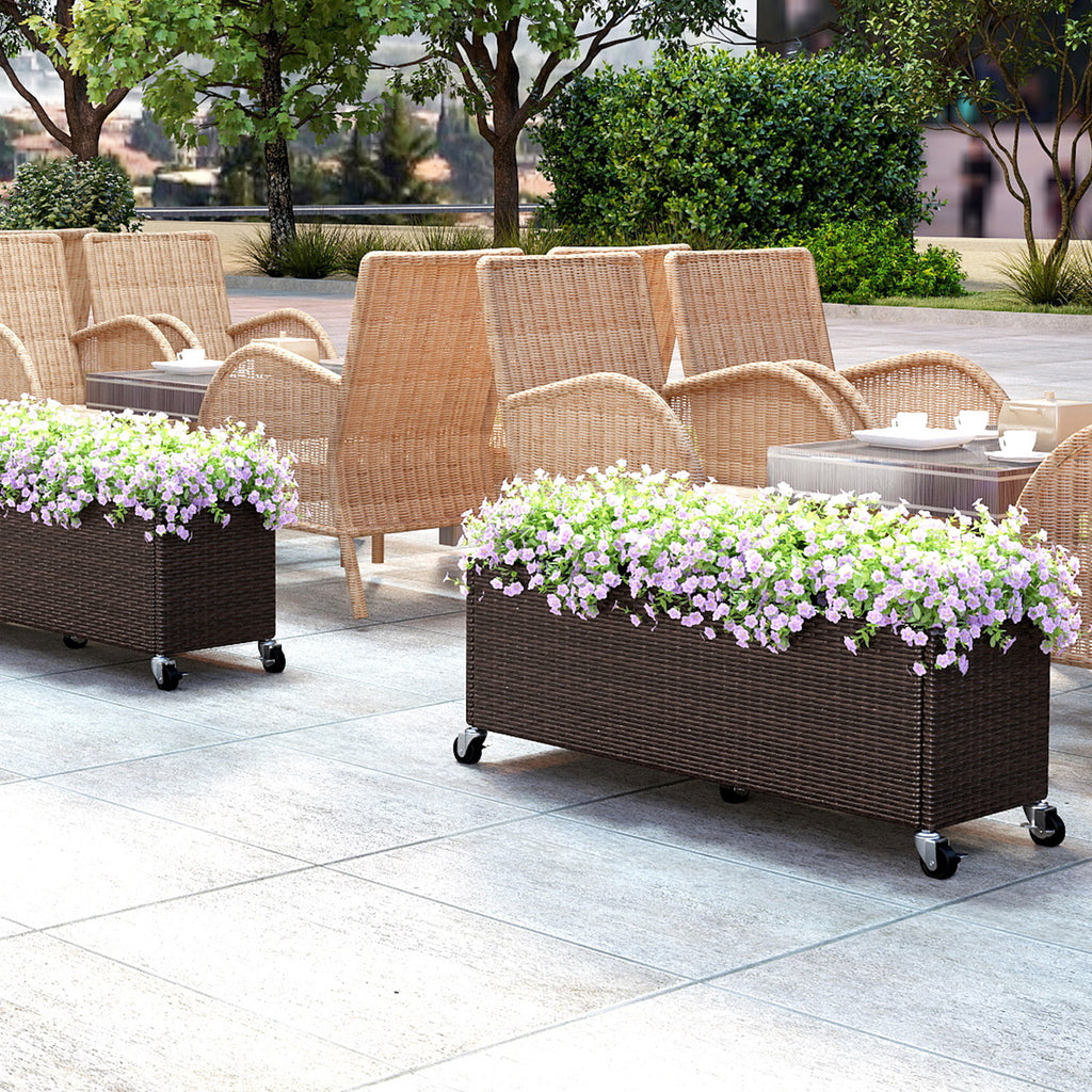 Raised Garden Bed with Wheels & Liner - PE Rattan Planter