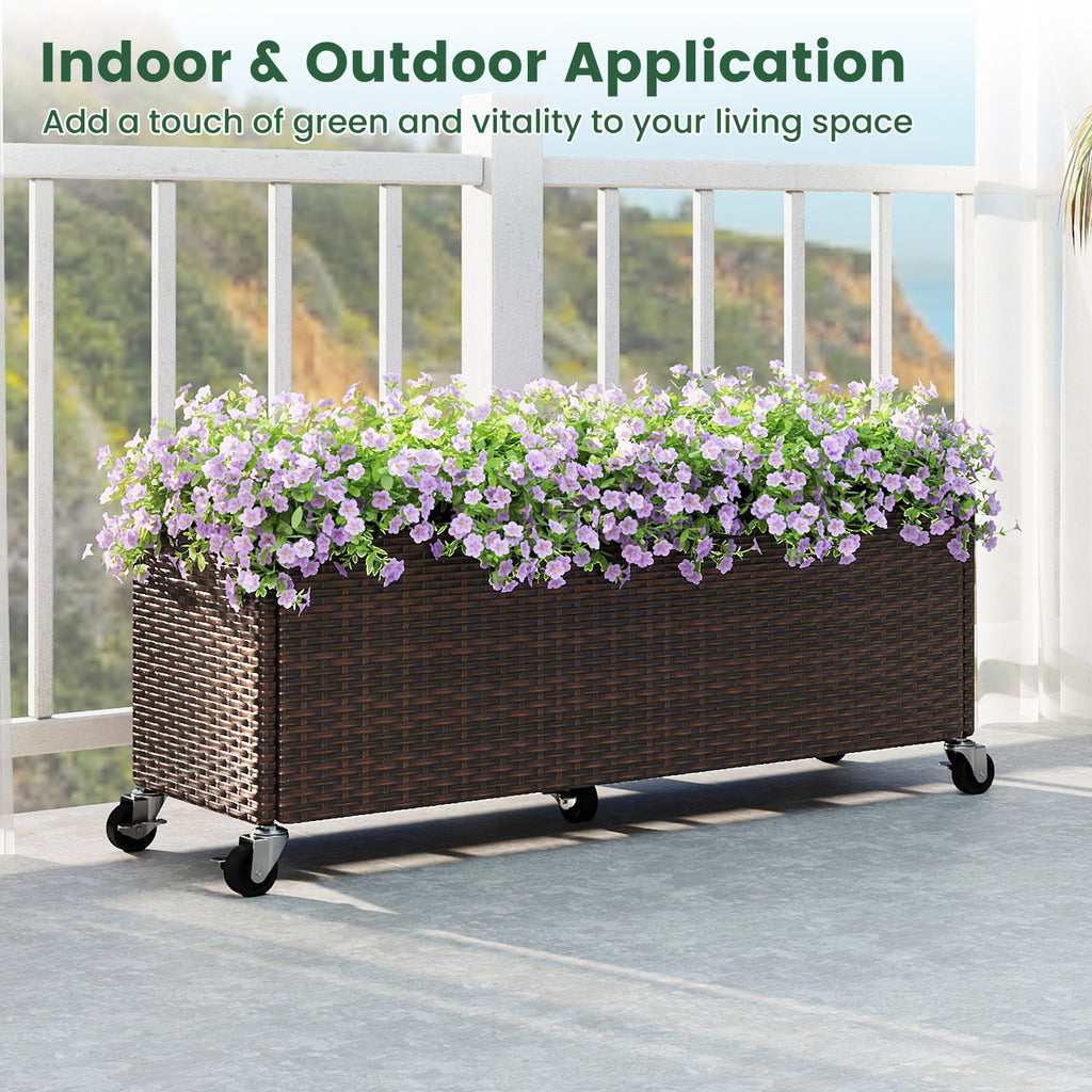 Raised Garden Bed with Wheels & Liner - PE Rattan Planter