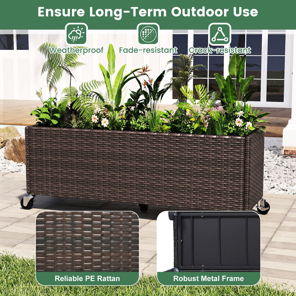 Raised Garden Bed with Wheels & Liner - PE Rattan Planter