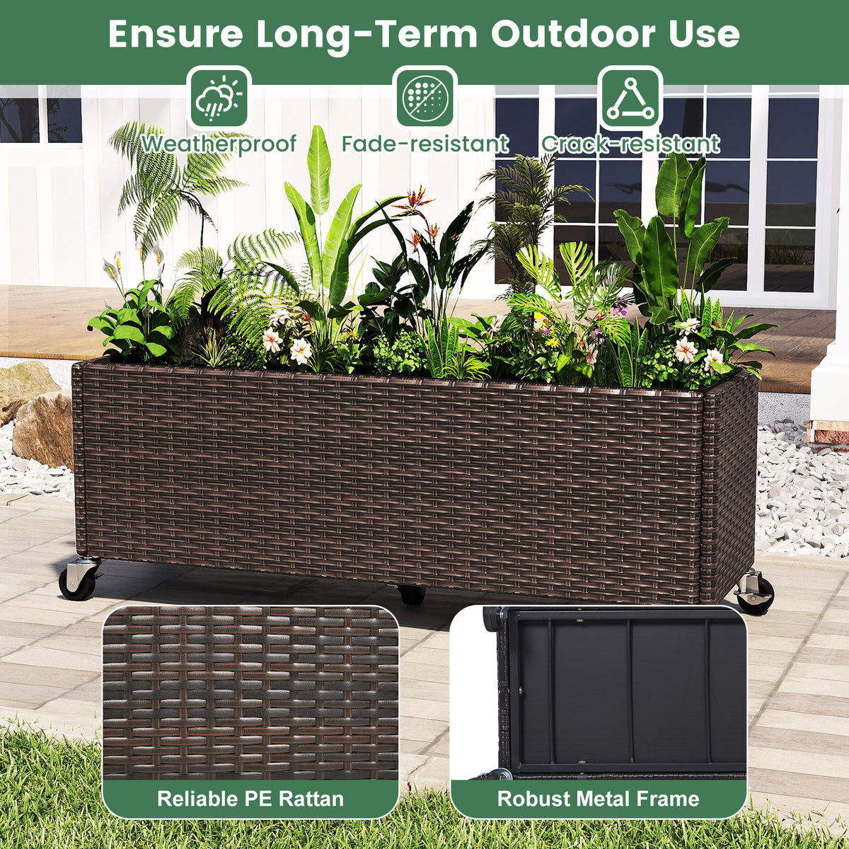 Raised Garden Bed with Wheels & Liner - PE Rattan Planter