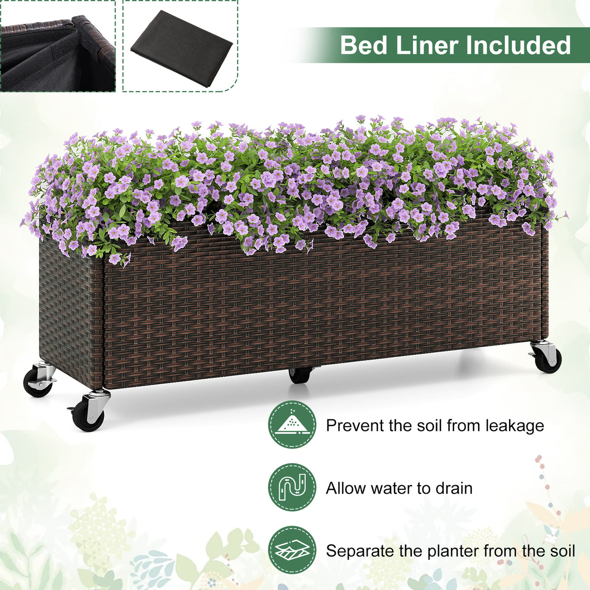 Raised Garden Bed with Wheels & Liner - PE Rattan Planter