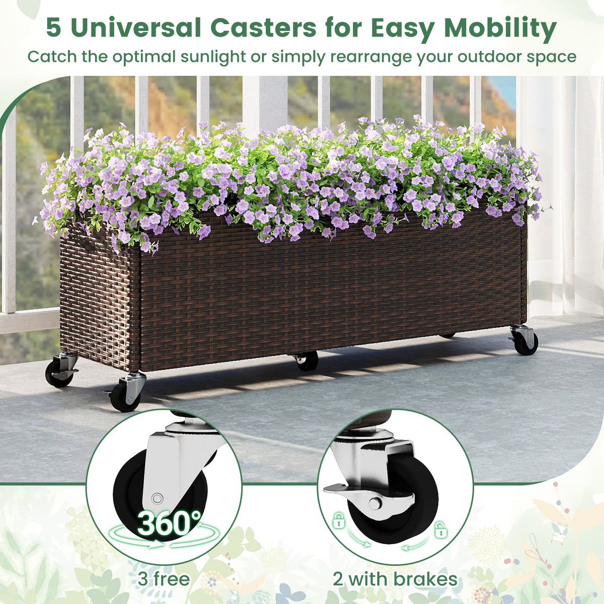 Raised Garden Bed with Wheels & Liner - PE Rattan Planter