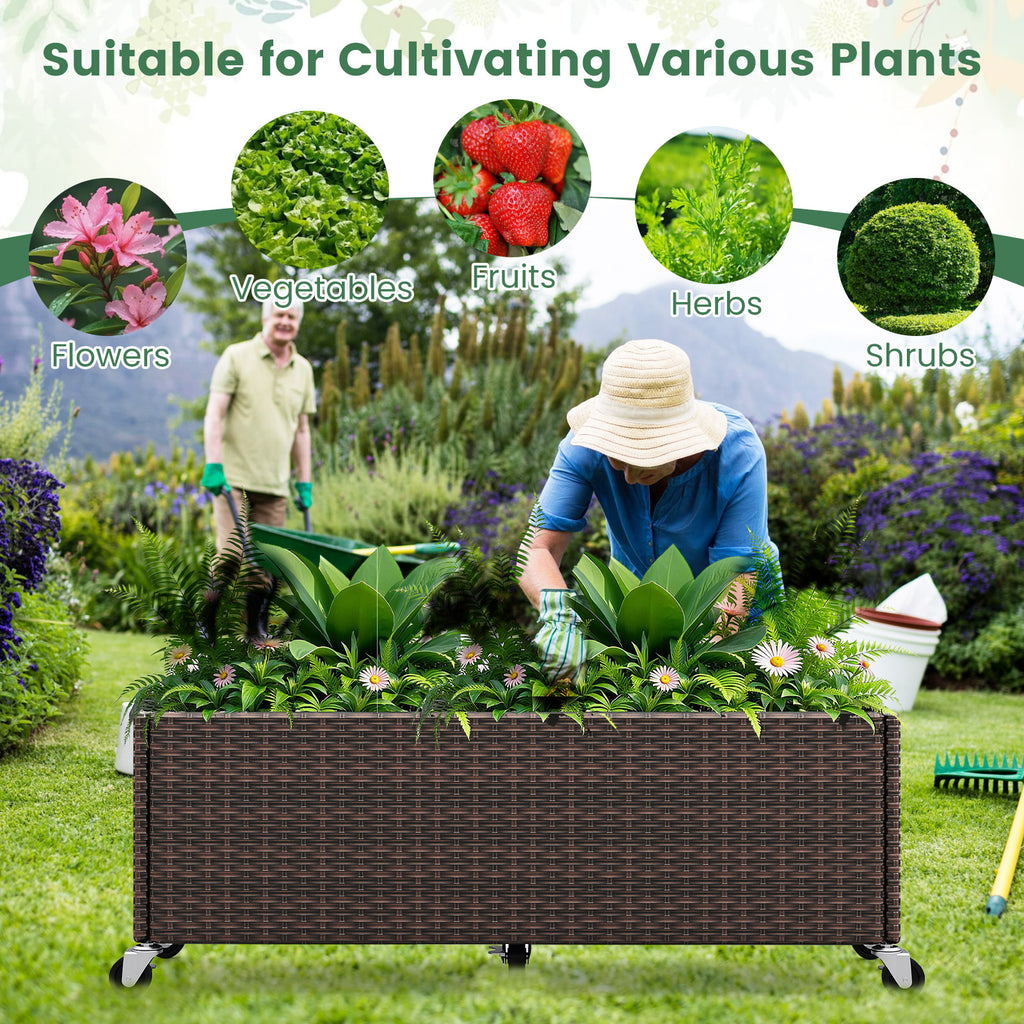Raised Garden Bed with Wheels & Liner - PE Rattan Planter