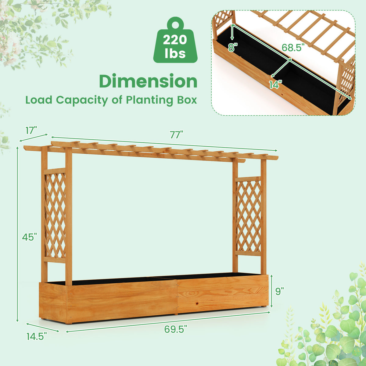 Raised Garden Bed Planter Box with Trellis - Double Planters 79x17.5x45