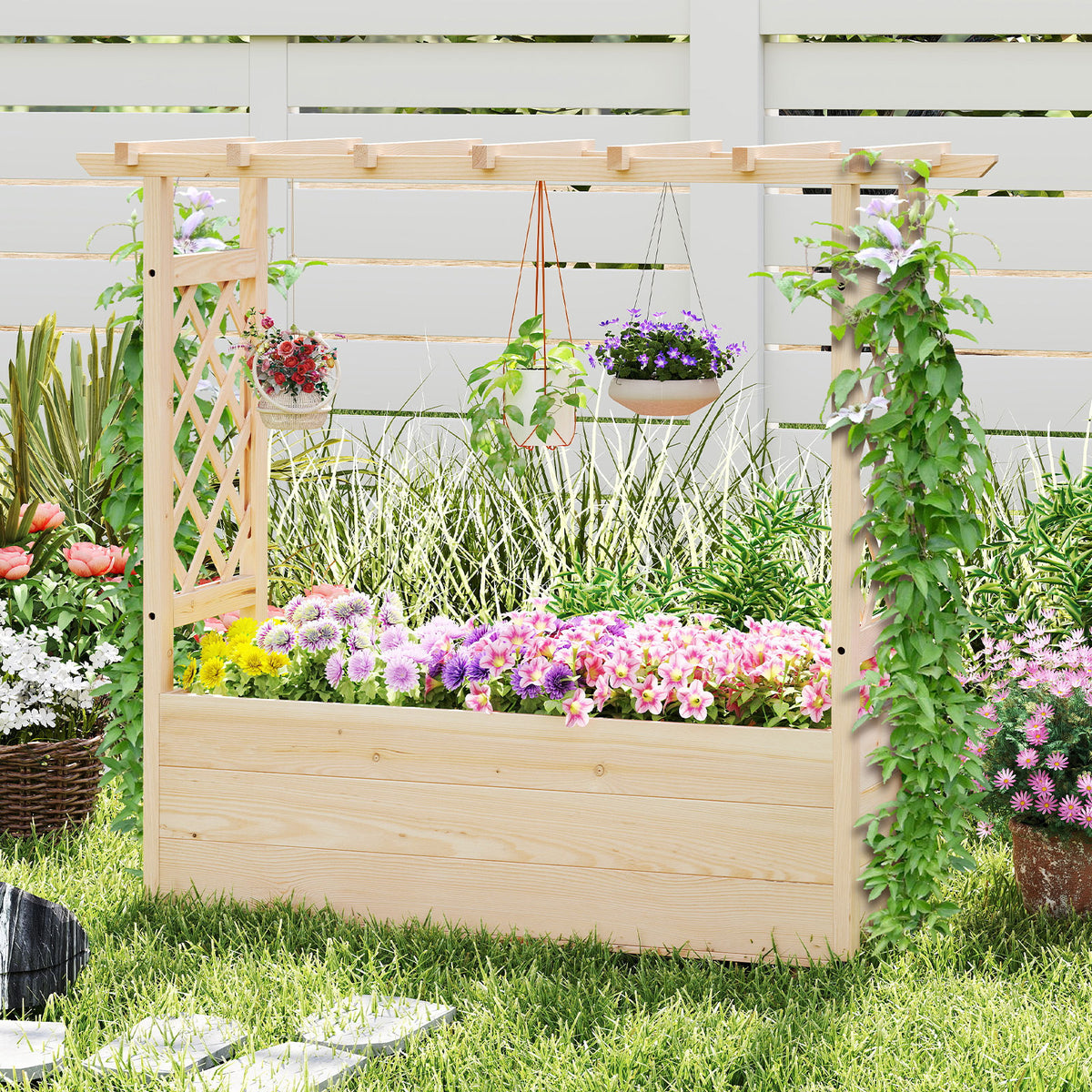 Wooden Elevated Planter Raised Garden Bed with Hanging Roof