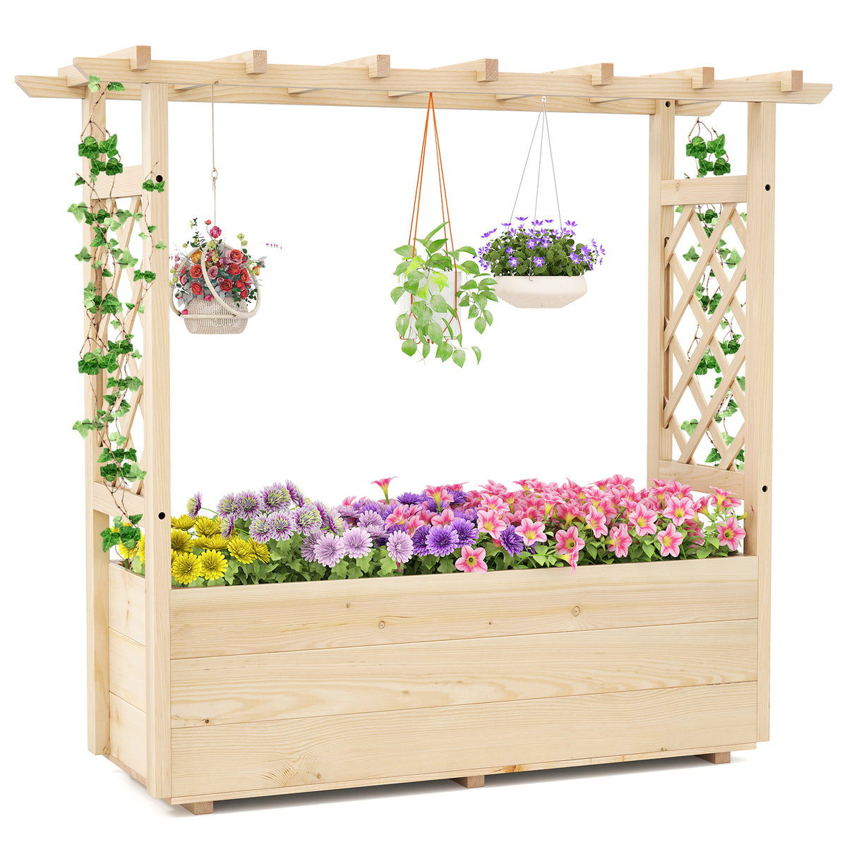 Wooden Elevated Planter Raised Garden Bed with Hanging Roof