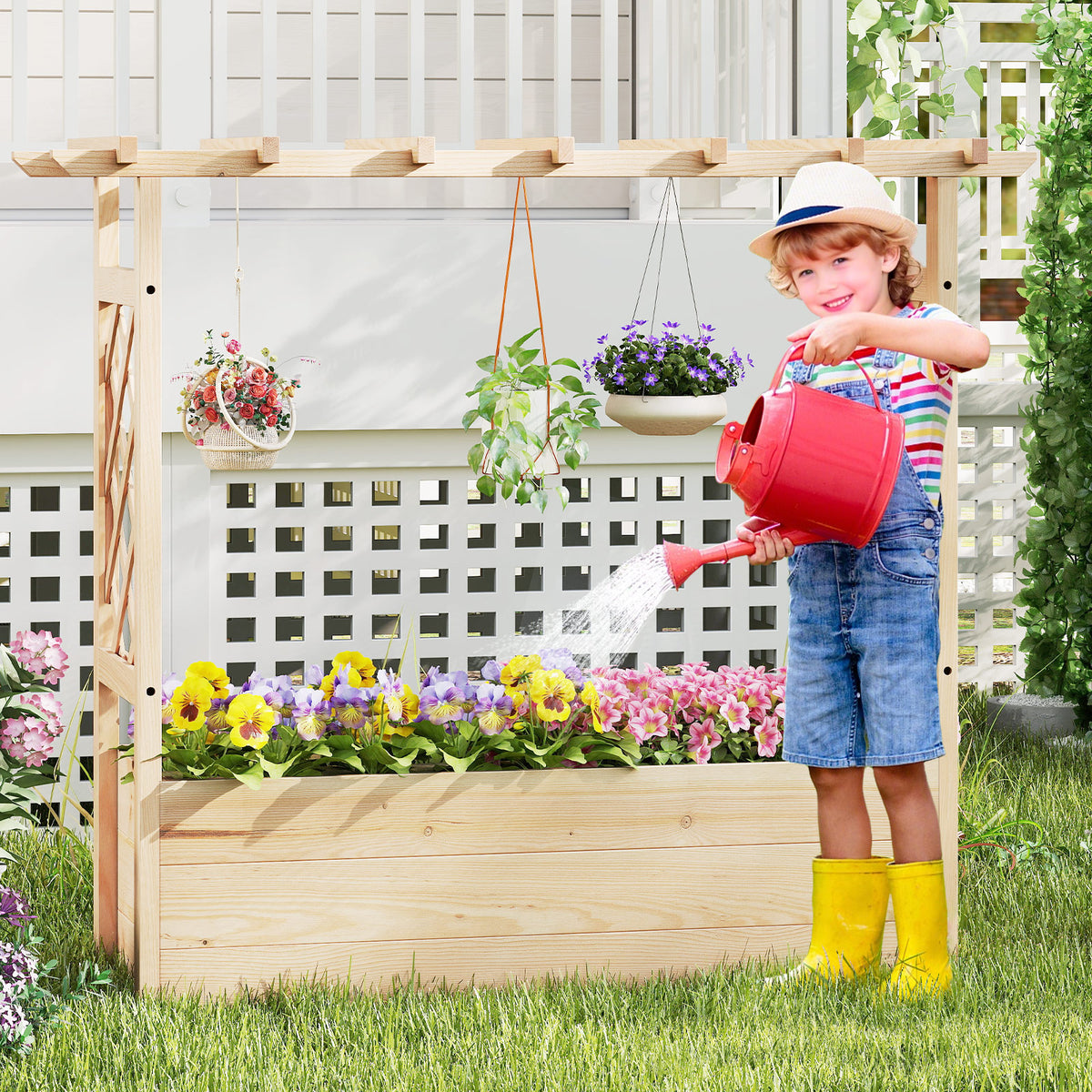 Wooden Elevated Planter Raised Garden Bed with Hanging Roof