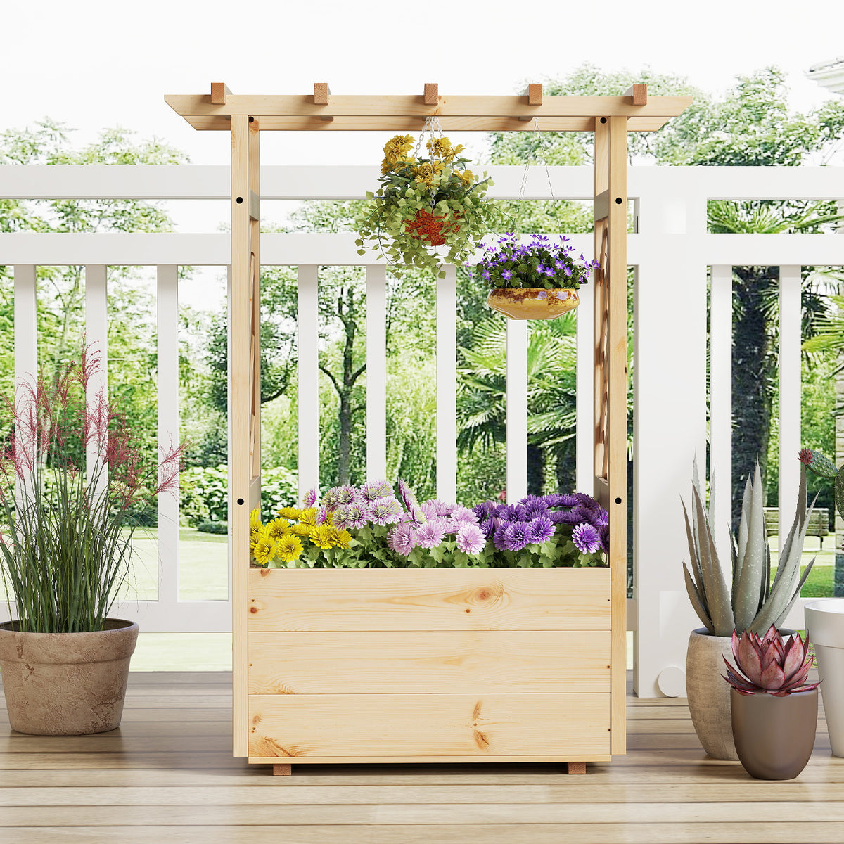 Wooden Raised Garden Bed with Trellis and Hanging Roof 31" x 16" x 41"