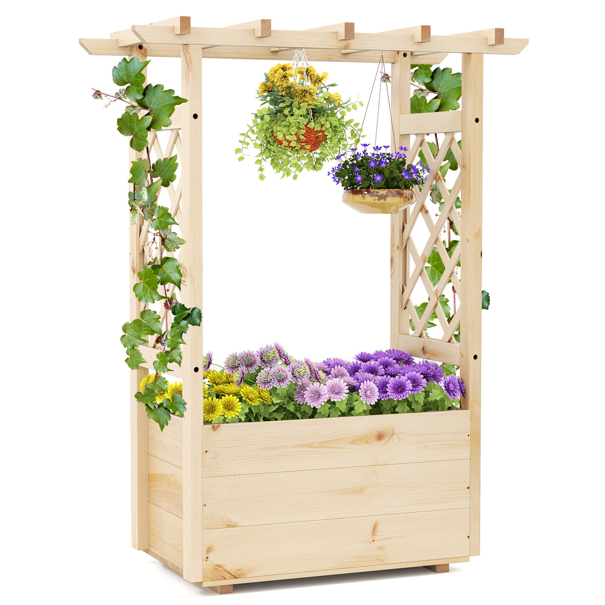 Wooden Raised Garden Bed with Trellis and Hanging Roof 31" x 16" x 41"