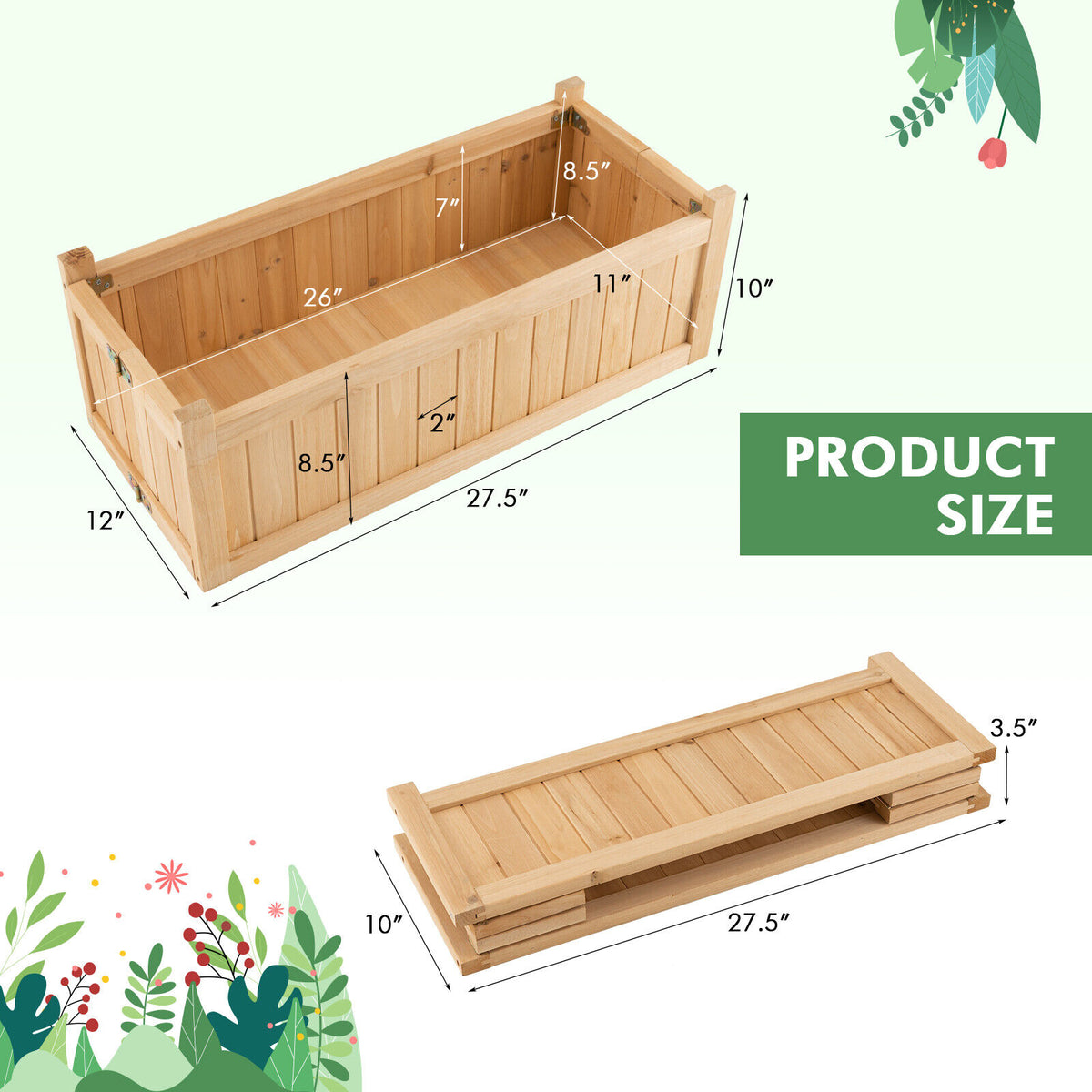 Folding Wooden Raised Garden Bed 27.5 x 12 x 10 inches
