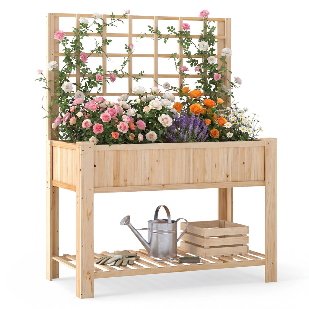 Raised Garden Bed with Trellis - Natural Wood Planter