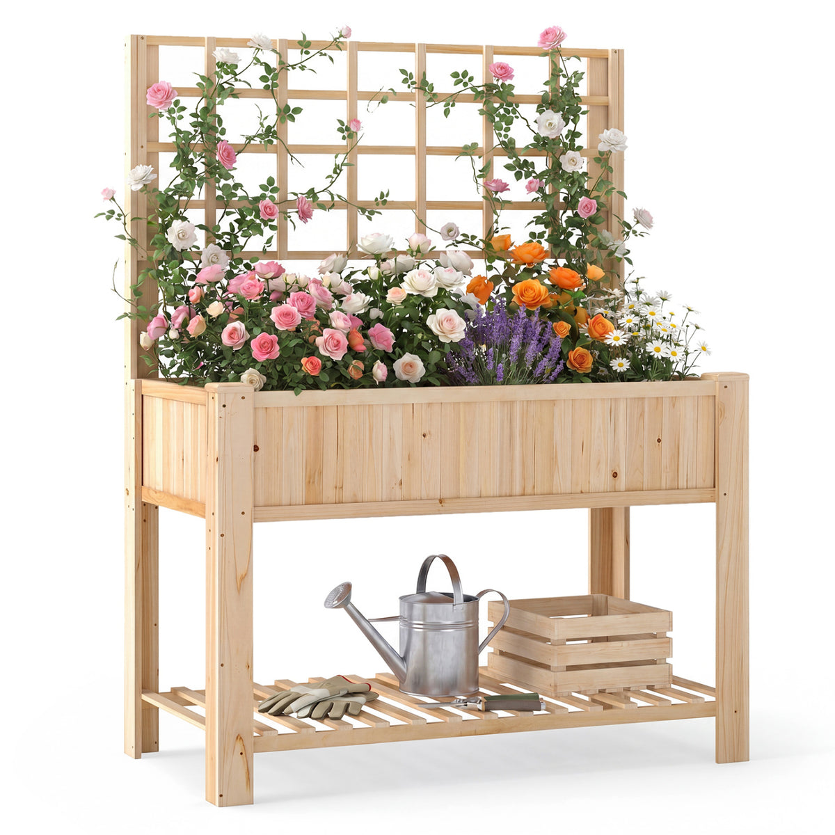 Raised Garden Bed with Trellis - Natural Wood Planter