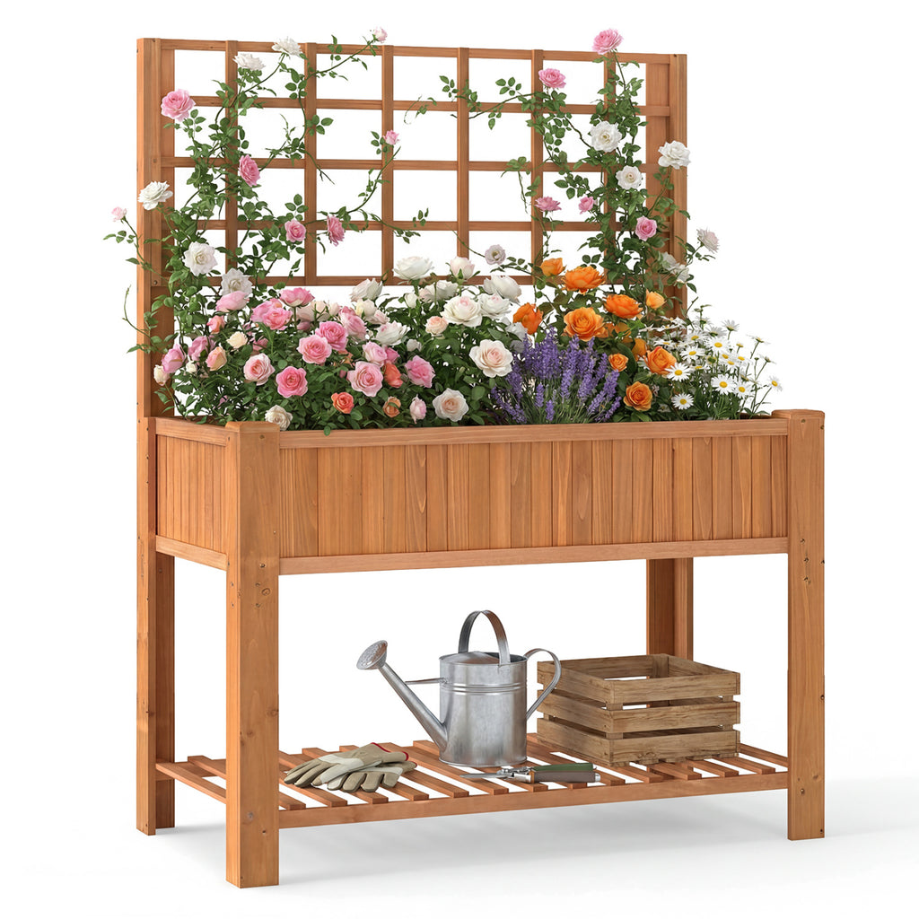 Raised Garden Bed with Trellis - Natural Wood Planter