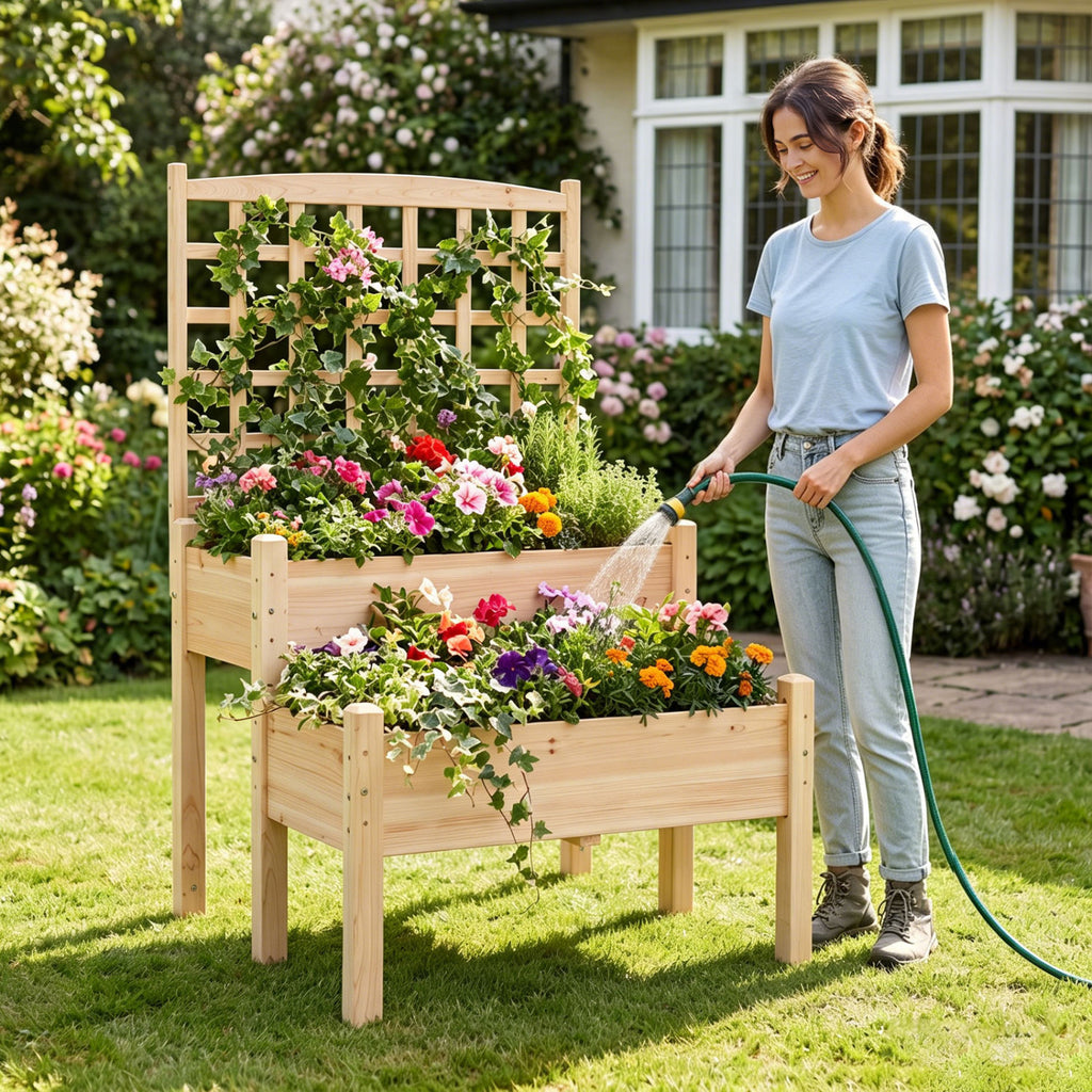 Raised Garden Bed with Trellis 2-Tier for Outdoor Climbing Plants