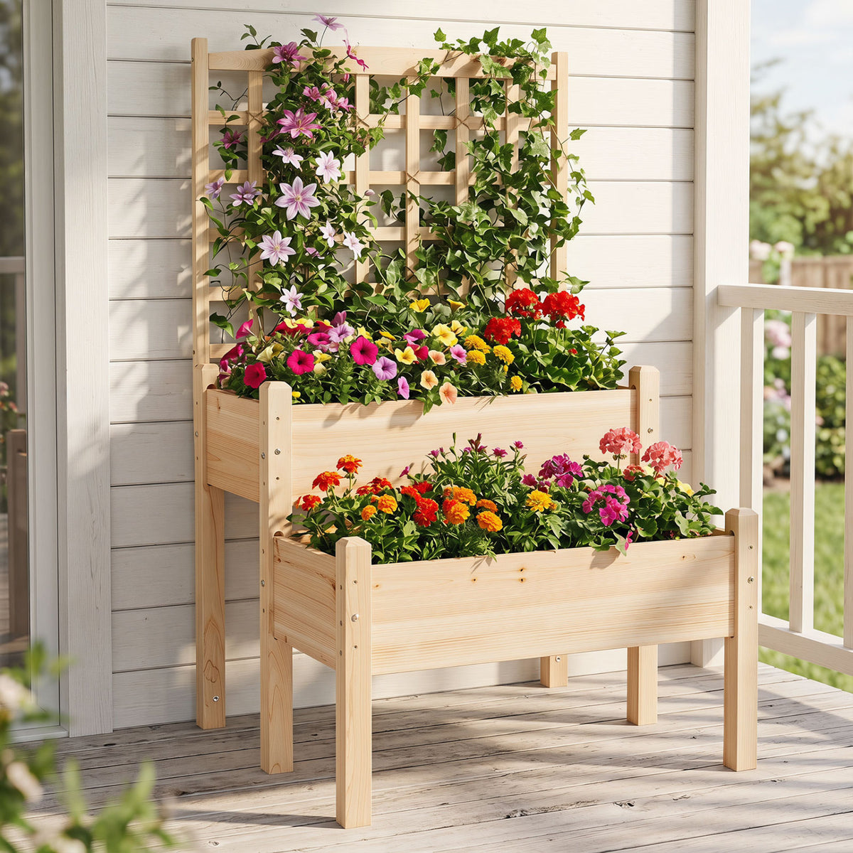 Raised Garden Bed with Trellis 2-Tier for Outdoor Climbing Plants
