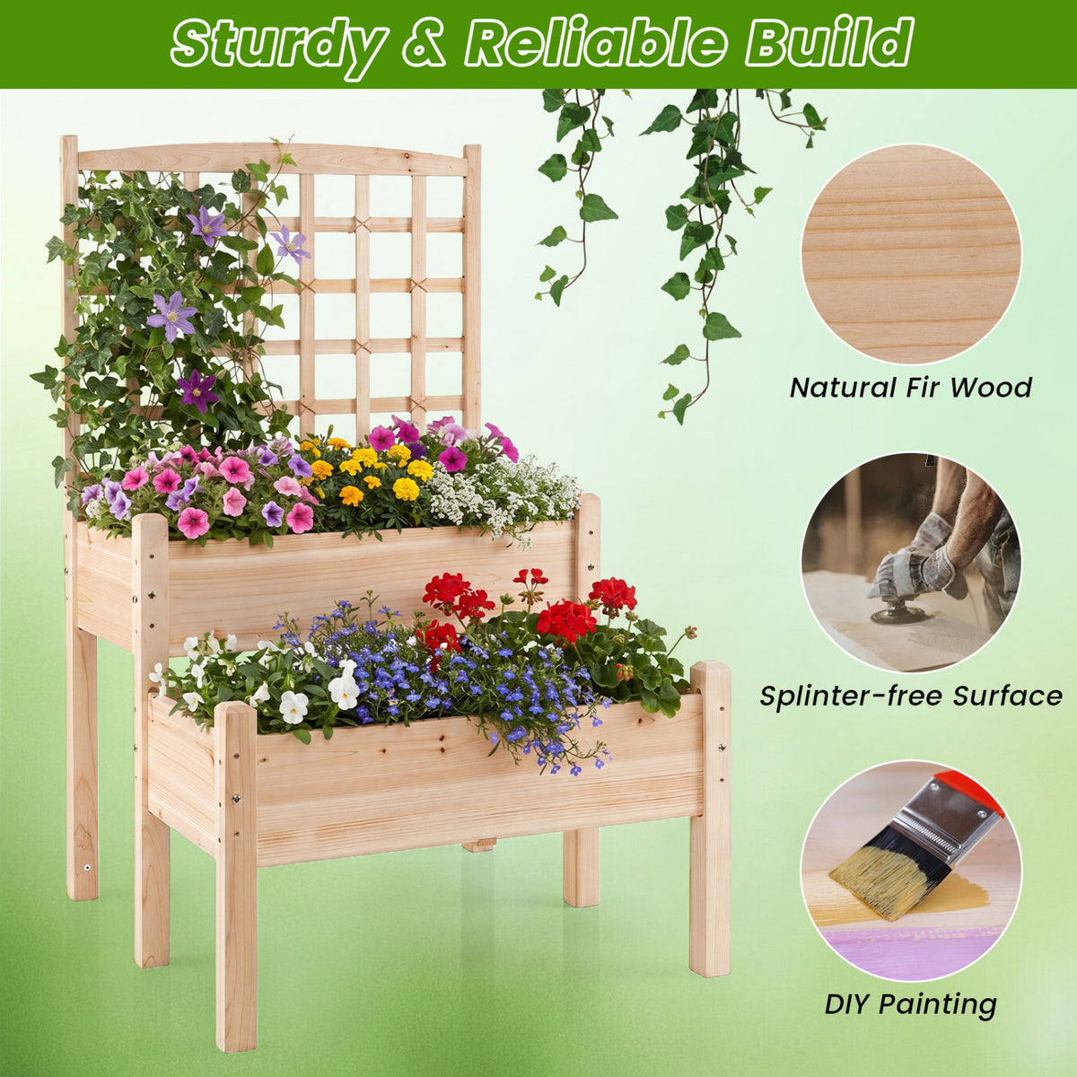Raised Garden Bed with Trellis 2-Tier for Outdoor Climbing Plants