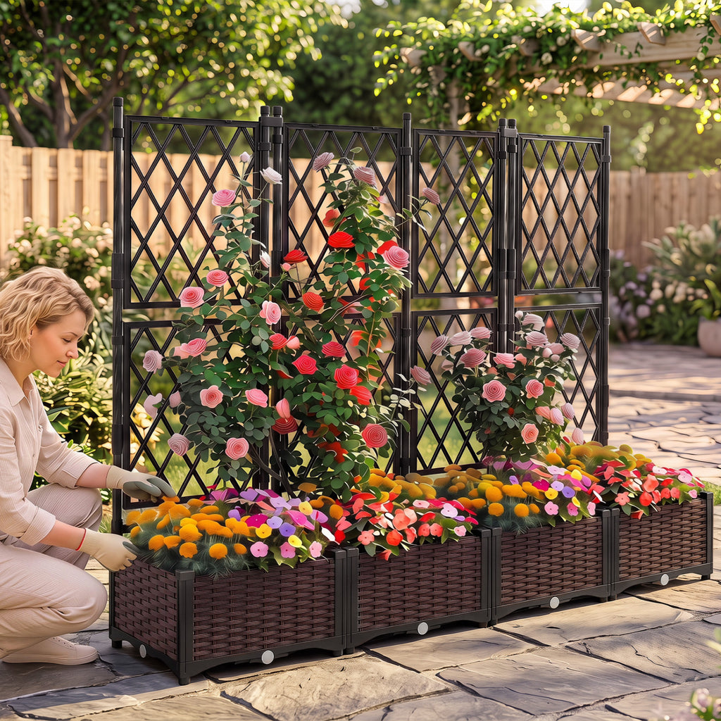 Raised Garden Bed with Lattice Trellis, Drainage Self-Watering