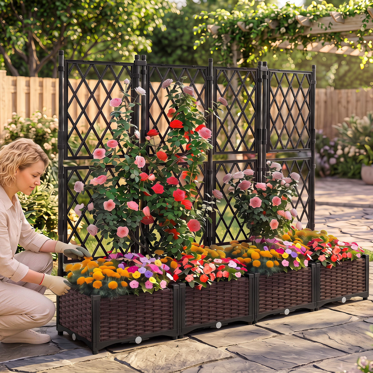 Raised Garden Bed with Lattice Trellis, Drainage Self-Watering