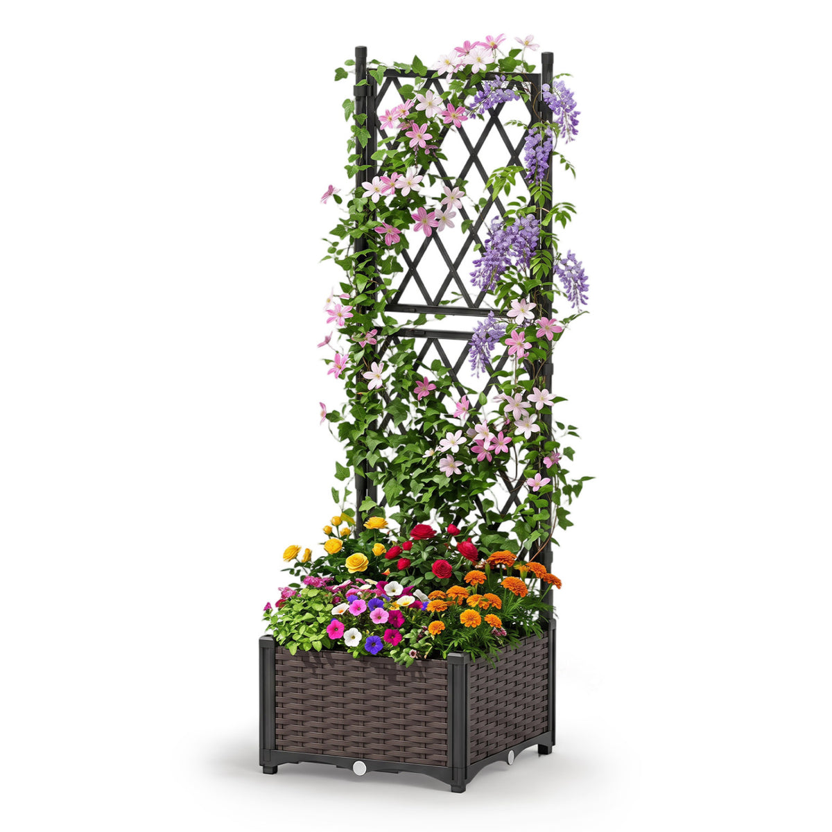 Raised Garden Bed with Lattice Trellis, Drainage Self-Watering