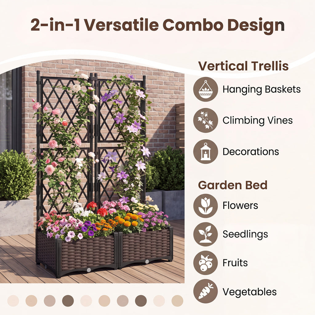 Raised Garden Bed with Lattice Trellis, Drainage Self-Watering