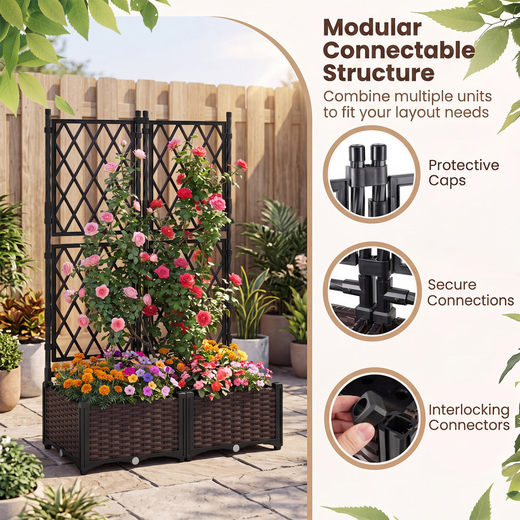 Raised Garden Bed with Lattice Trellis, Drainage Self-Watering