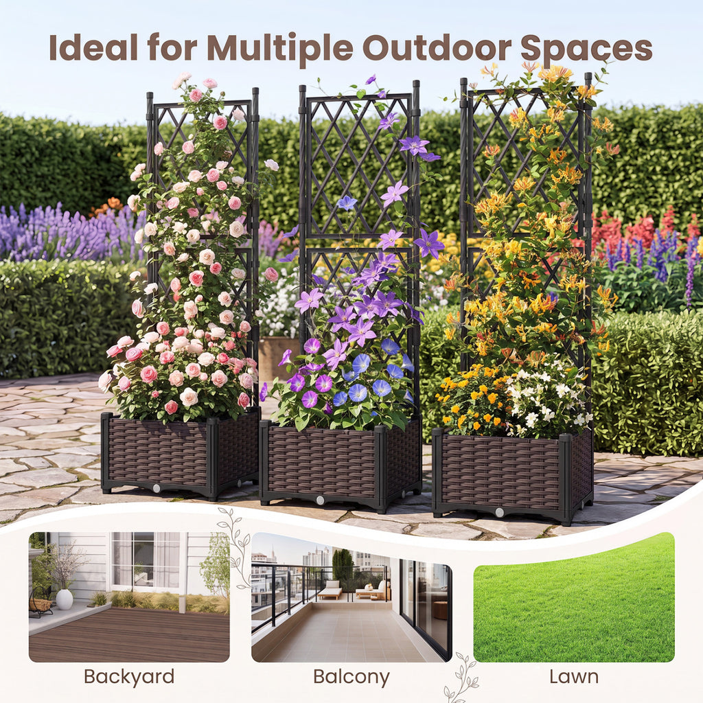 Raised Garden Bed with Lattice Trellis, Drainage Self-Watering