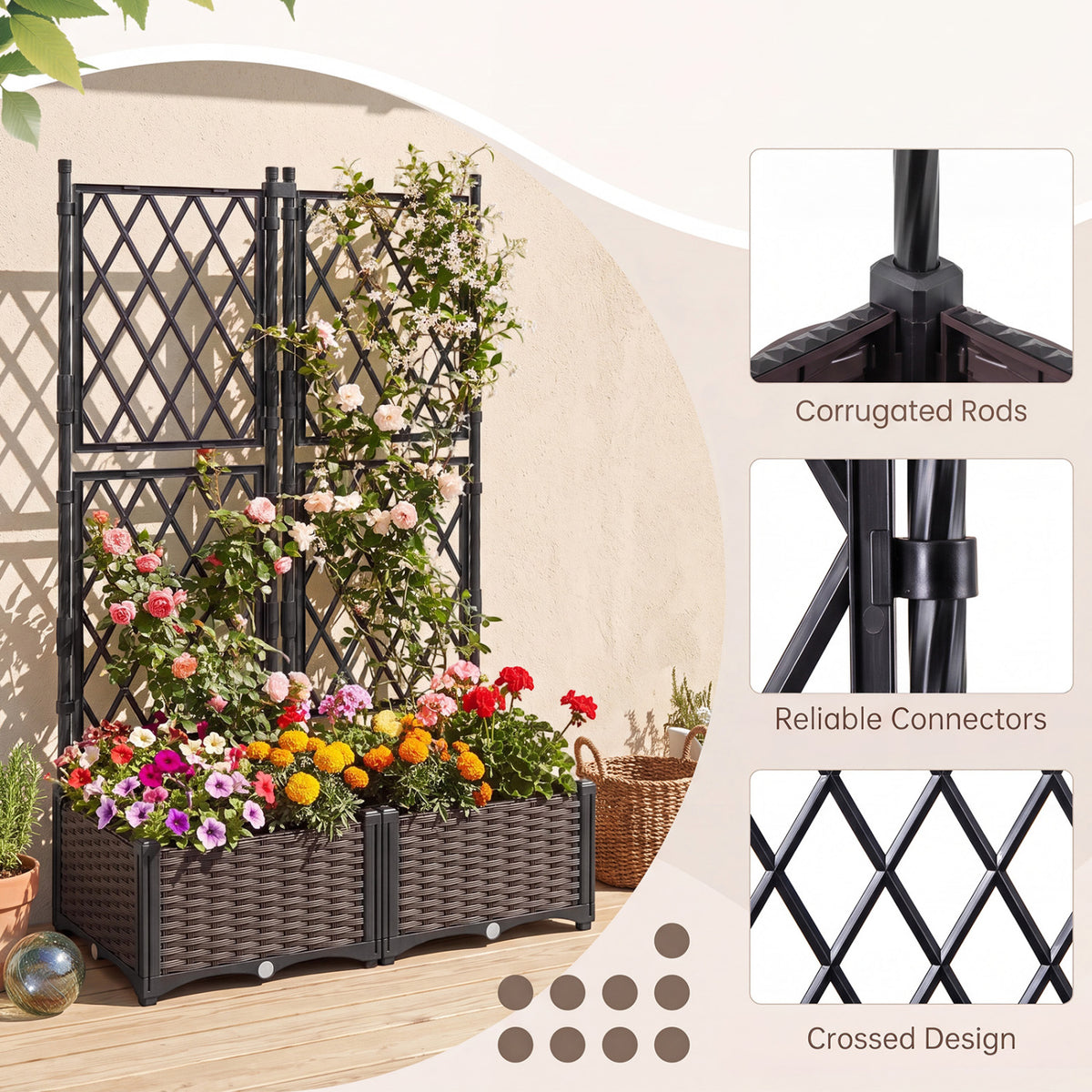 Raised Garden Bed with Lattice Trellis, Drainage Self-Watering