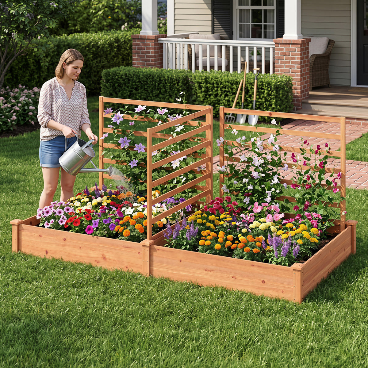 Raised Garden Bed with 2 Planter Boxes and 3 Trellis