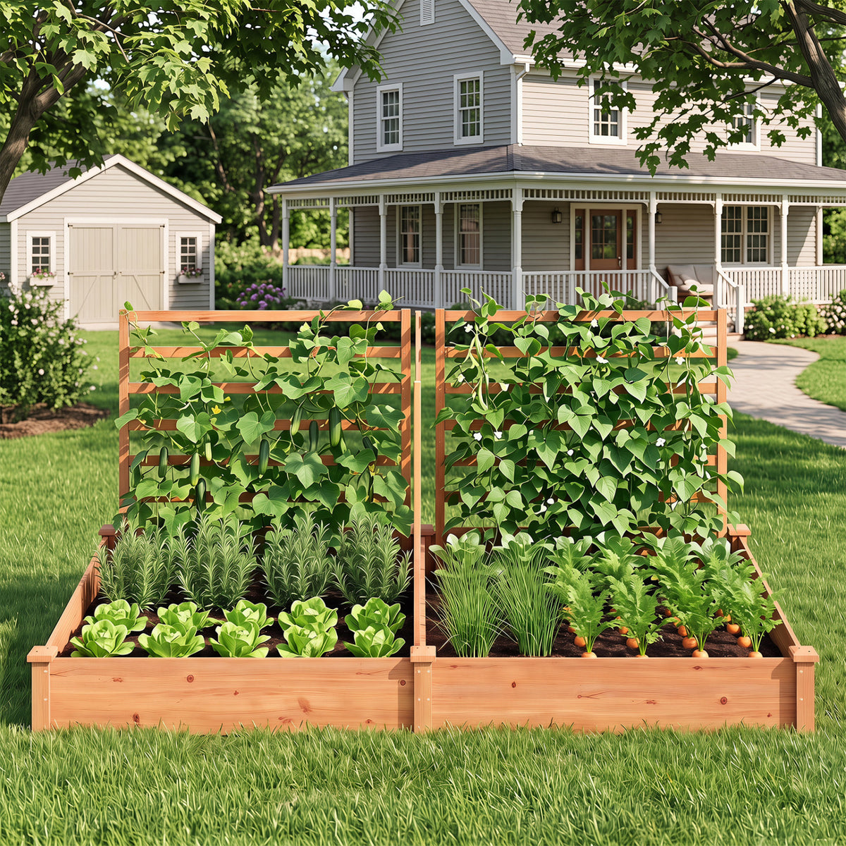 Raised Garden Bed with 2 Planter Boxes and 3 Trellis