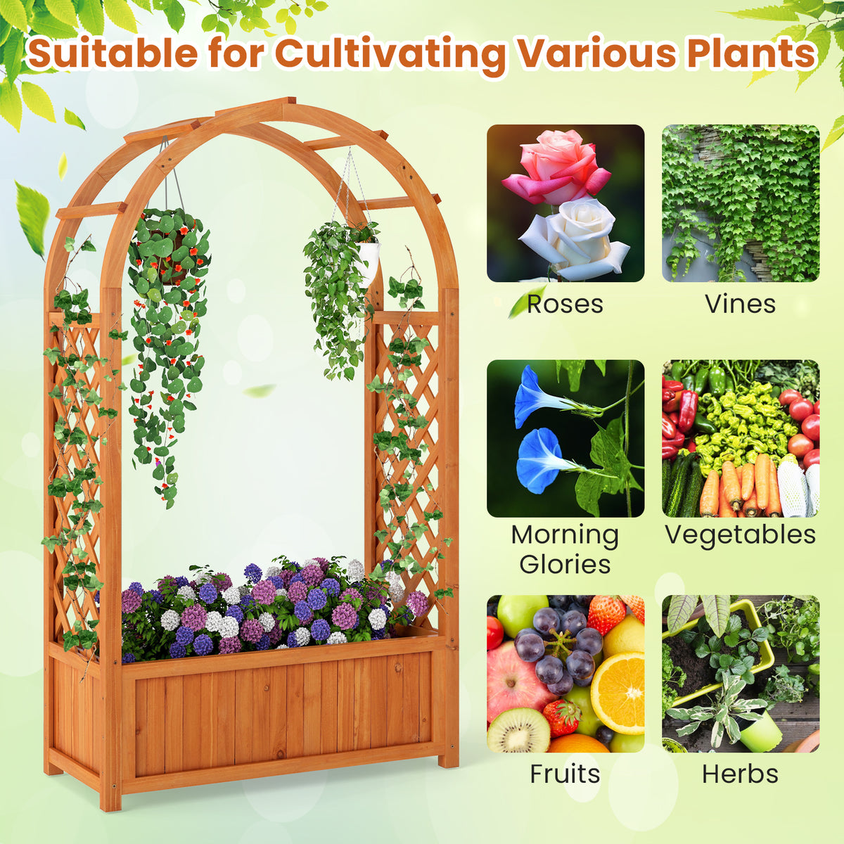 Raised Garden Bed with Lattice Trellis Ached Roof Wooden Elevated