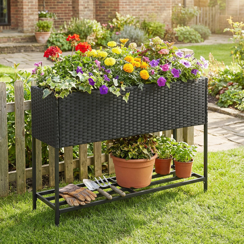 Raised Wicker Garden Bed with Storage Shelf and Removable Liner