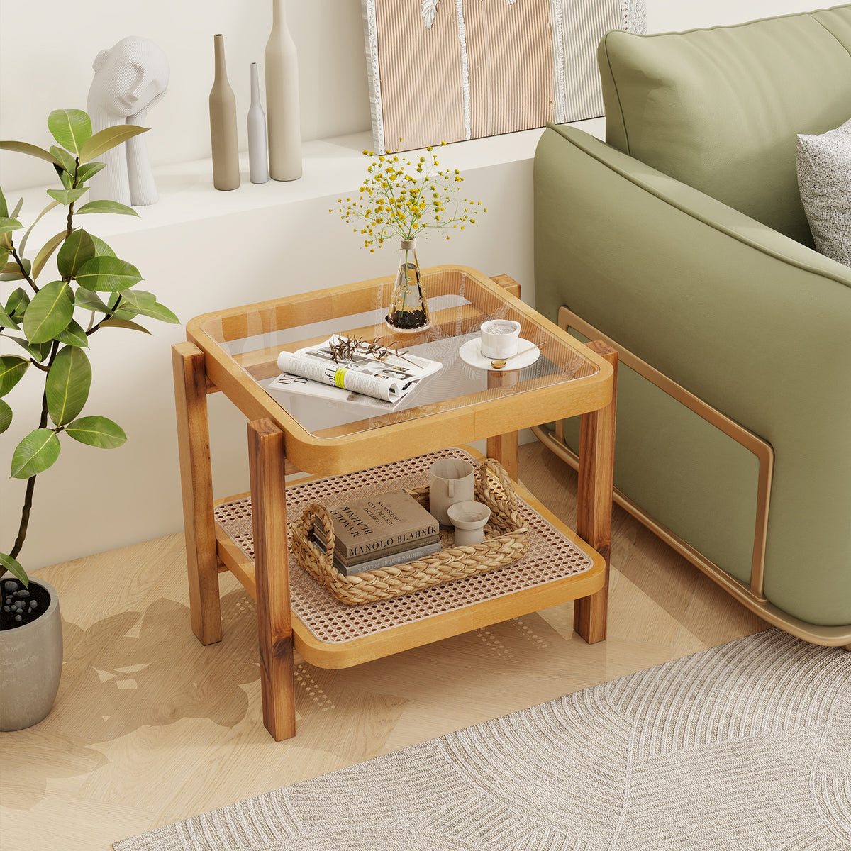 Rattan 2-Tier End Table with Tempered Glass Top - Natural