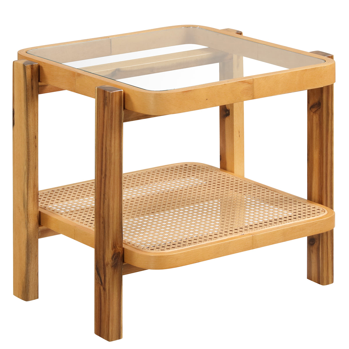 Rattan 2-Tier End Table with Tempered Glass Top - Natural