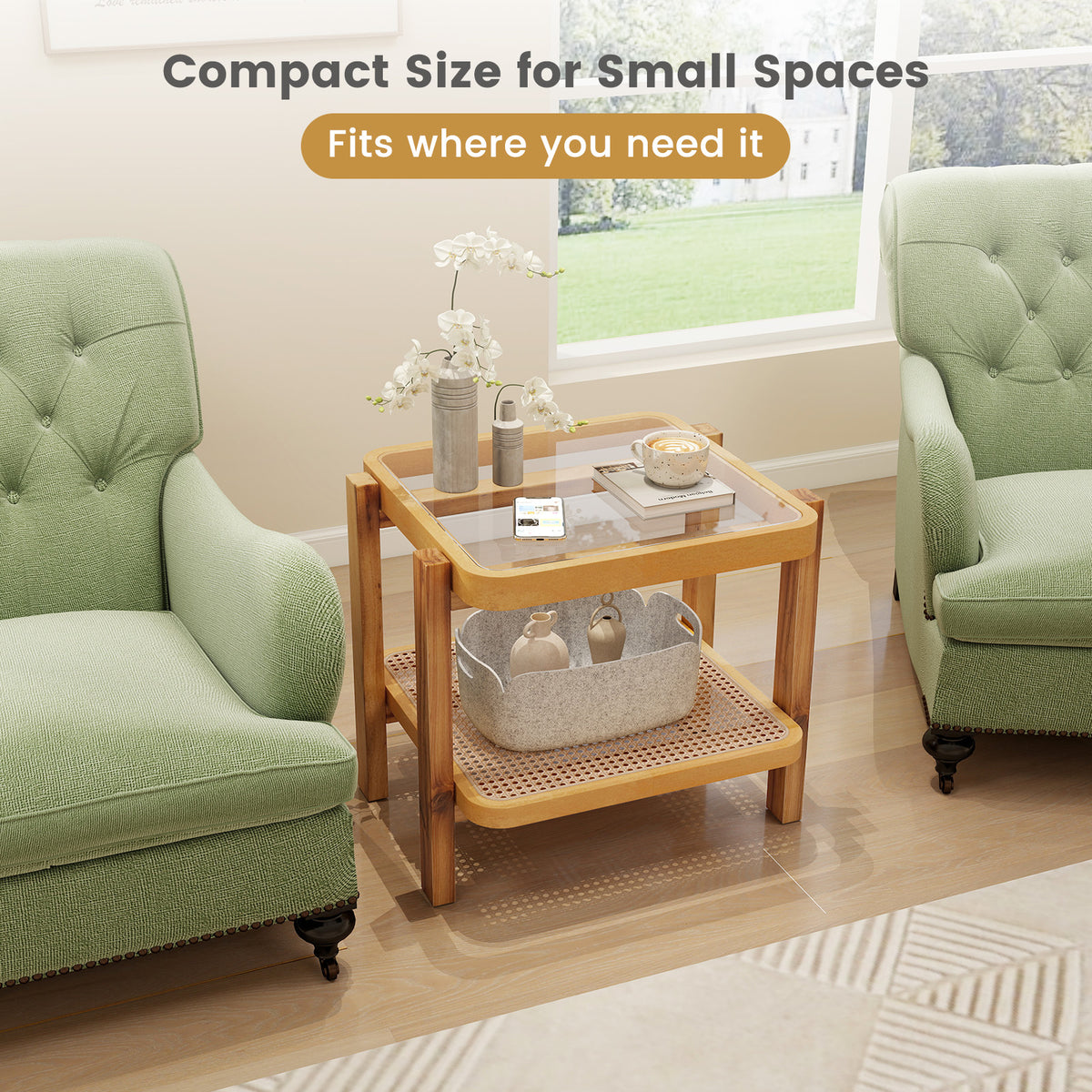 Rattan 2-Tier End Table with Tempered Glass Top - Natural