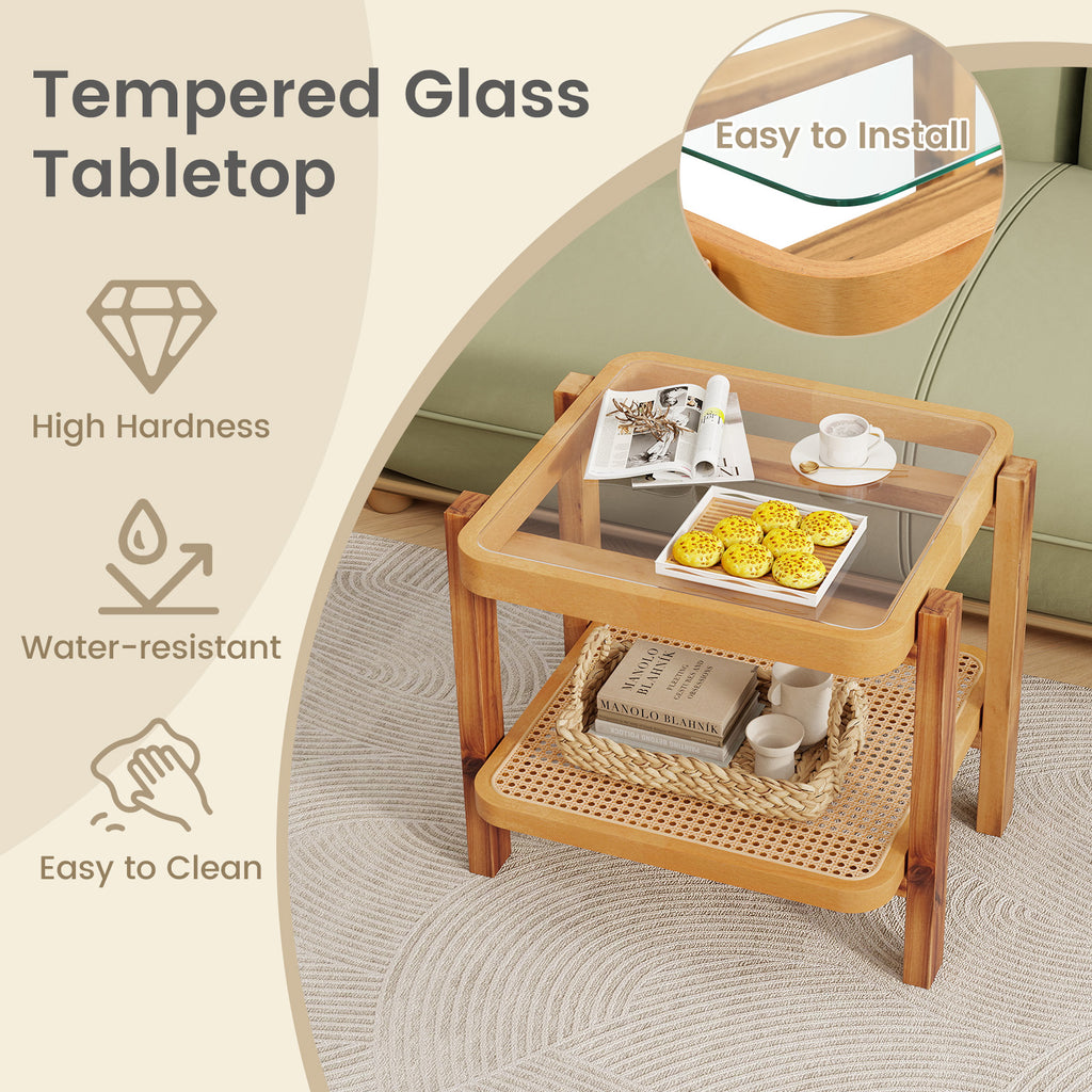 Rattan 2-Tier End Table with Tempered Glass Top - Natural