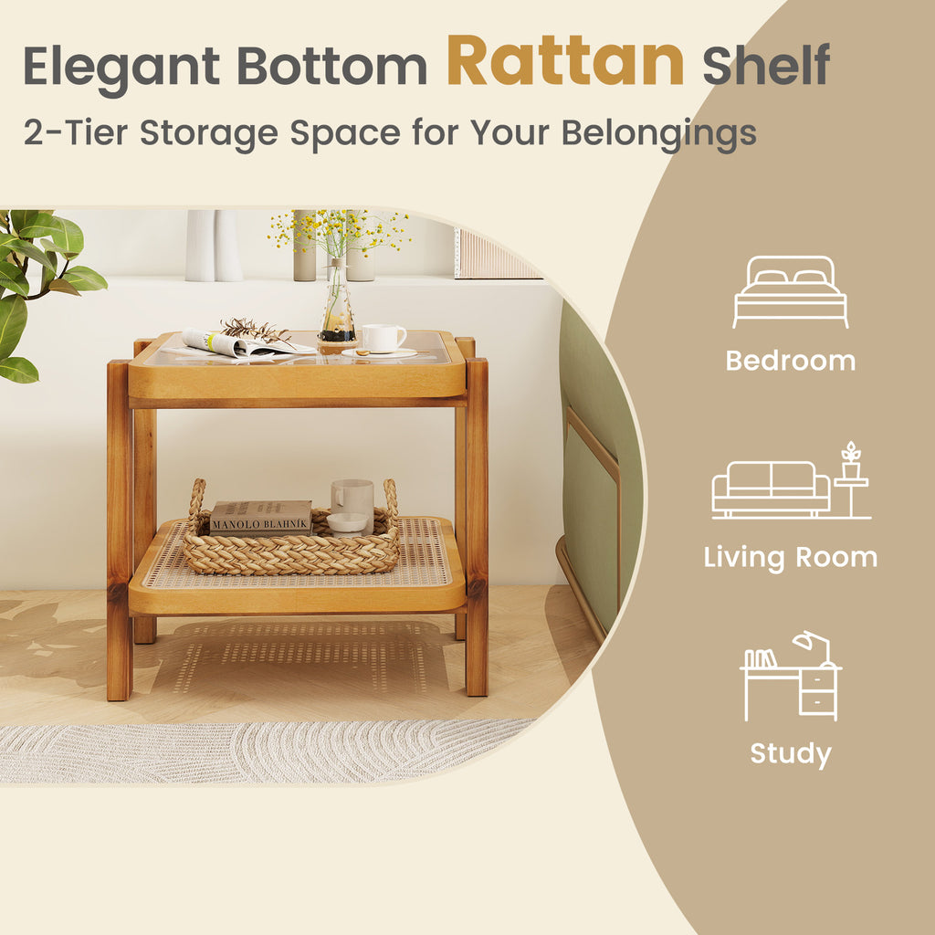 Rattan 2-Tier End Table with Tempered Glass Top - Natural