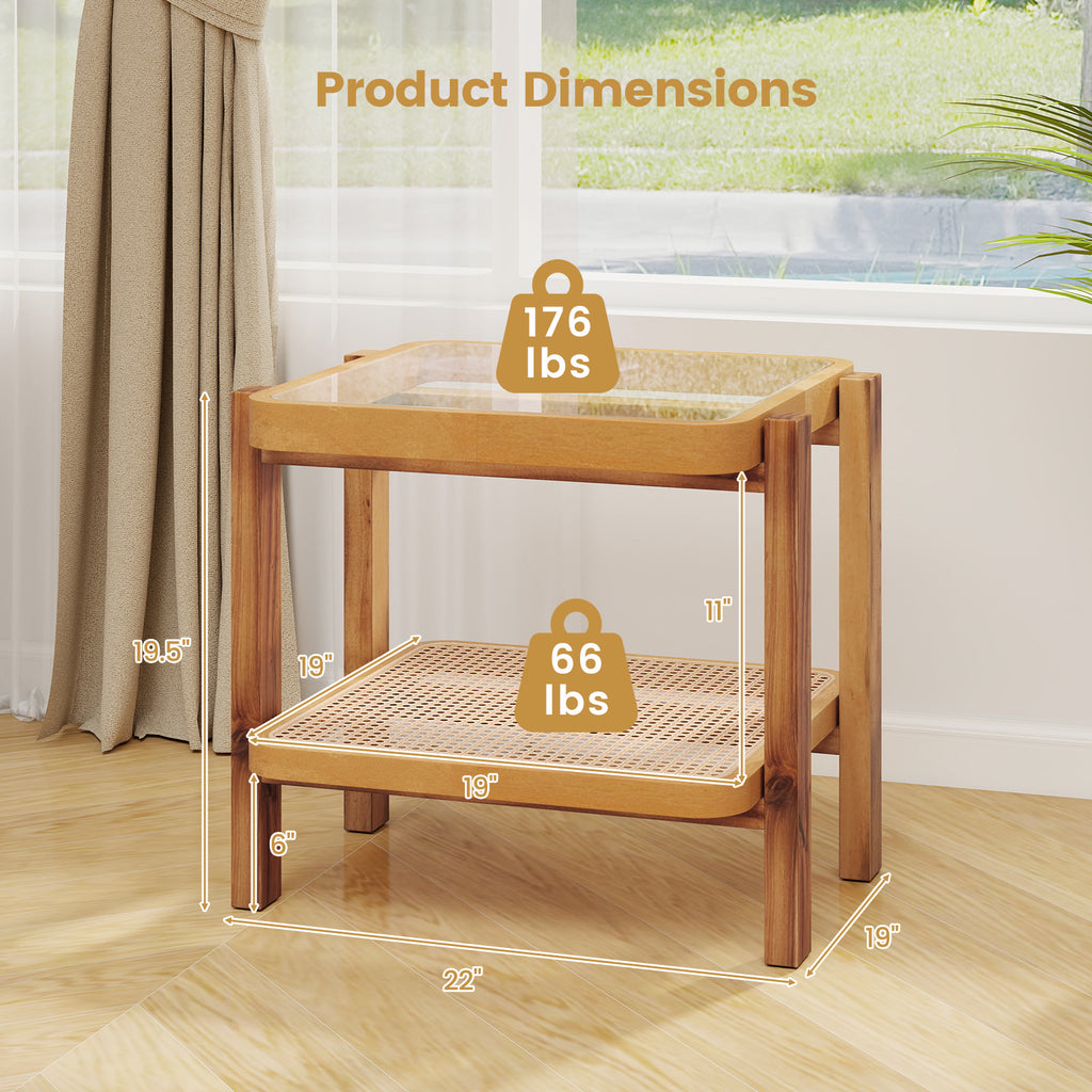Rattan 2-Tier End Table with Tempered Glass Top - Natural