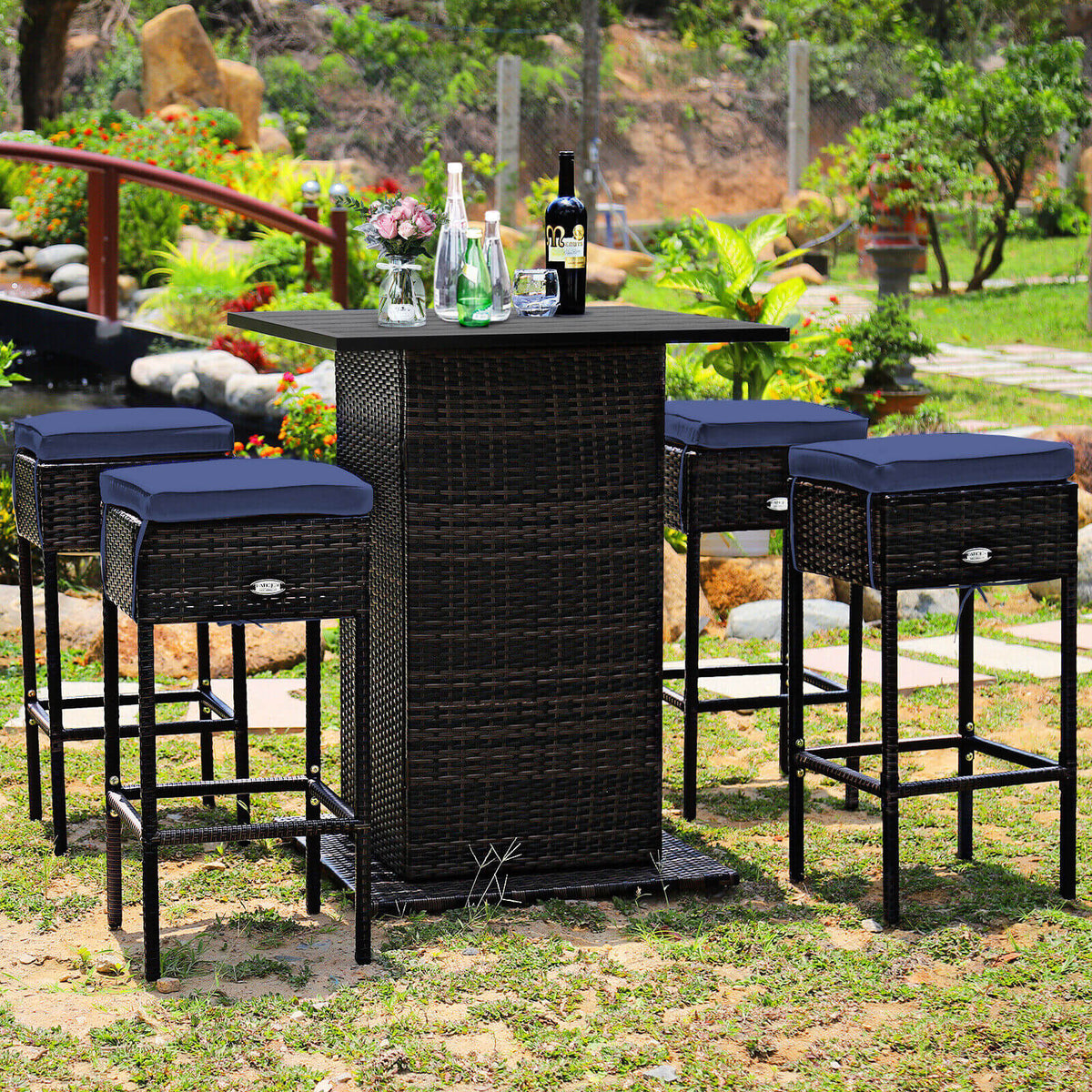 5 Pieces Patio Rattan Bar Furniture Set with Cushions and Hidden