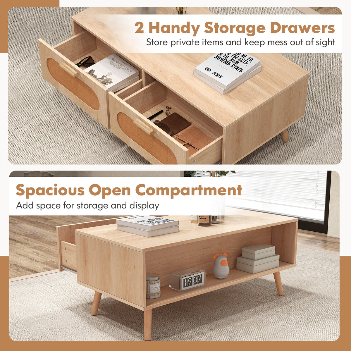 Rattan Coffee Table Mid Century Modern with Storage Drawers - Natural