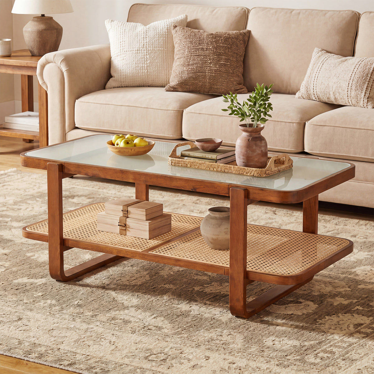 Rattan Coffee Table with Tempered Glass Top - Walnut