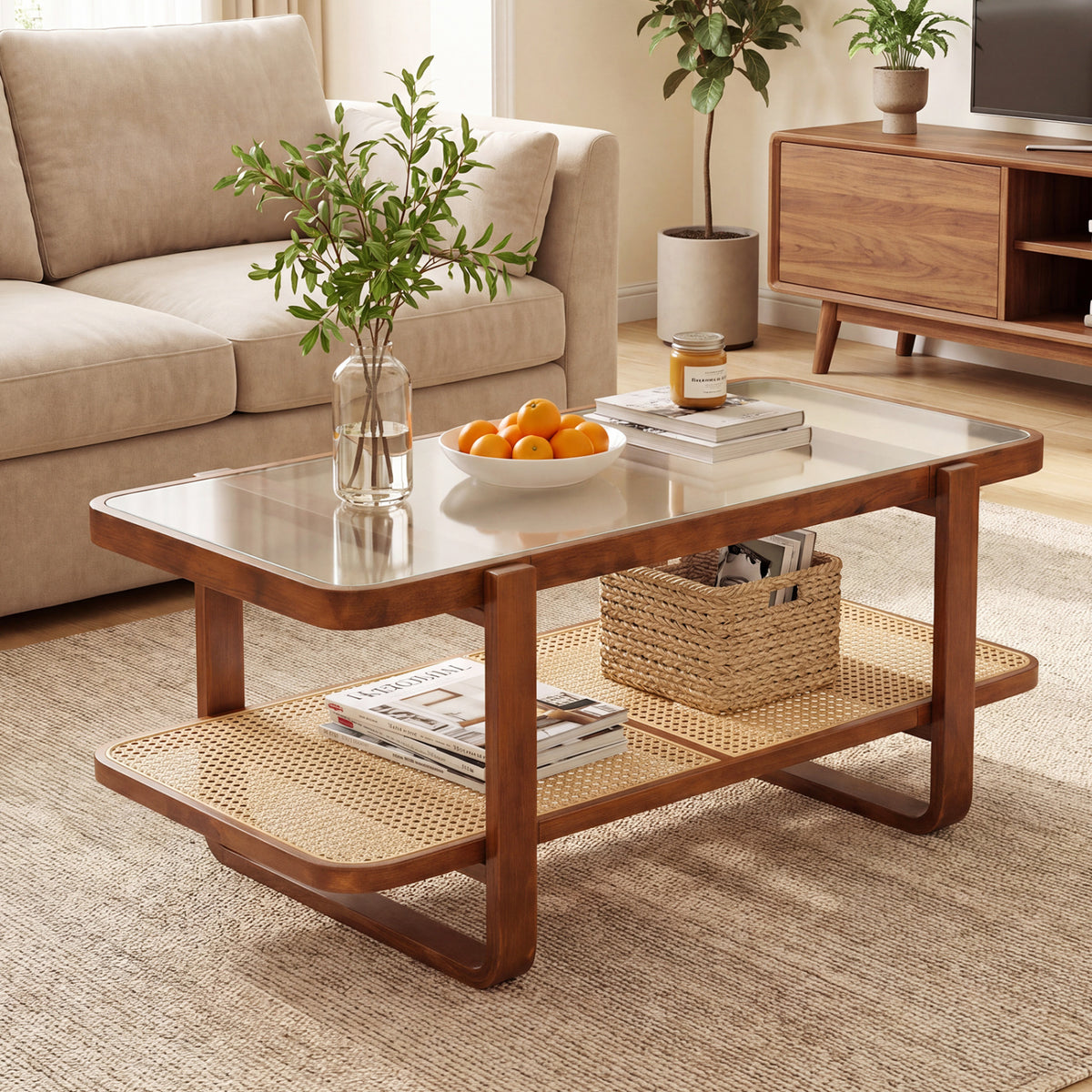 Rattan Coffee Table with Tempered Glass Top - Walnut