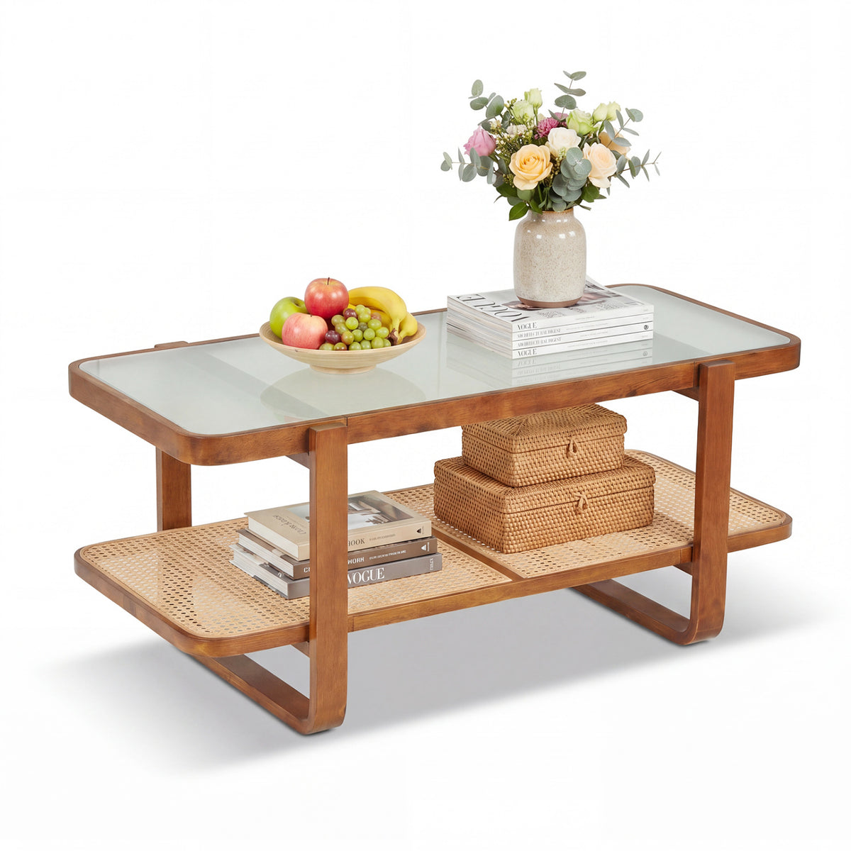 Rattan Coffee Table with Tempered Glass Top - Walnut