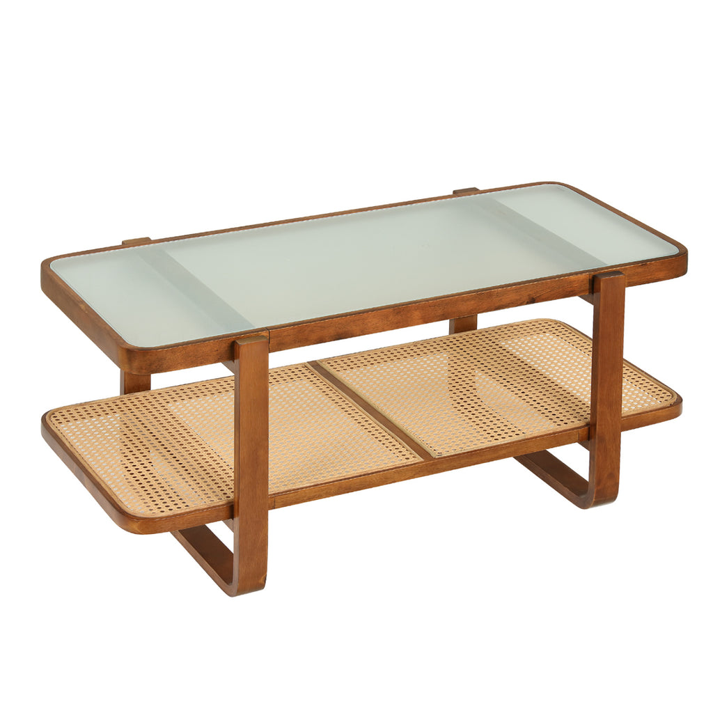Rattan Coffee Table with Tempered Glass Top - Walnut